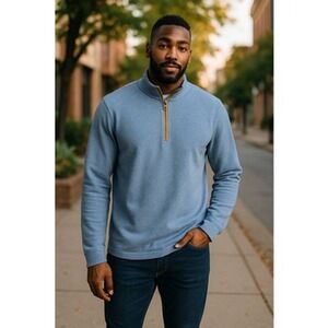 Orvis Mens Blue Half Zip Pullover Sweater Leather Elbow Patches Large